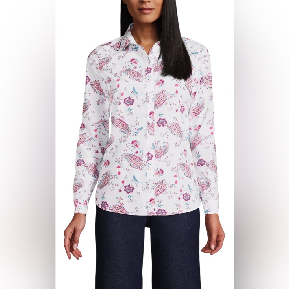 Lands' End No Iron Button Front Shirt in White Paisley Floral